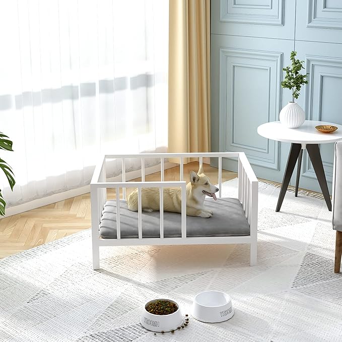 Dog Bed with Rails - Elevated Pet Metal Bed Frame with Solid Wood Board and Washable Soft Mat for Small Dog Indoor or Outdoor Use, 21.3" x 30 ", White