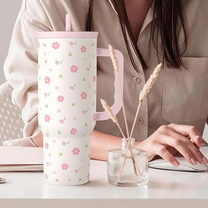 SANDJEST Floral 40oz Tumbler with Handle and Straw – Flowers Insulated Stainless Steel Travel Coffee Mug for Women Girls - Gift Idea for Birthday Christmas Mothers Day