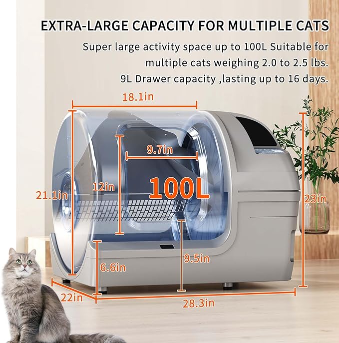 Self Cleaning Litter Box - 100L Large Capacity Cat Litter Box with App Smart Control for Automatic Cleaning, Suitable for Multiple Cats, Gray