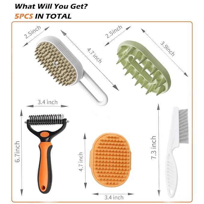5 Pack Cat Steam Brush Kit - Pet Mist Water Brush for Dogs, Includes Steamy Brush, Undercoat Rake, Bath Brush, Flea Comb - Dynamic Dematting Tool