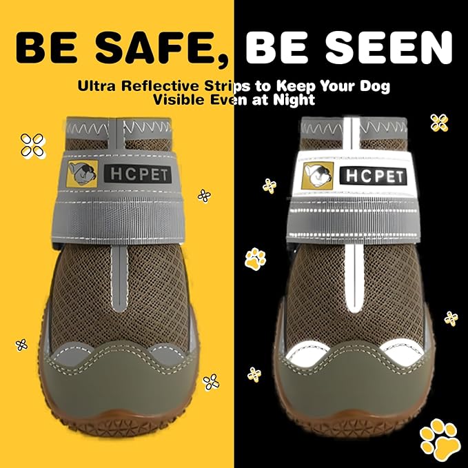 Hcpet Dog Shoes for Large Dogs, Breathable Dog Booties for Small Medium Dogs, Anti-Slip Dog Boots & Paw Protectors for Hot Pavement Winter Snow Hiking with Reflective Straps Army Green Size 3
