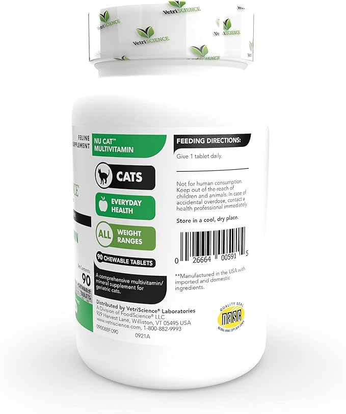 VetriScience NuCat Multi Vitamin for Cats, 90 Chewable Tablets - Complete MultiVitamin Supports Skin and Coat, Immune System, Eye Sight and Everyday Wellness