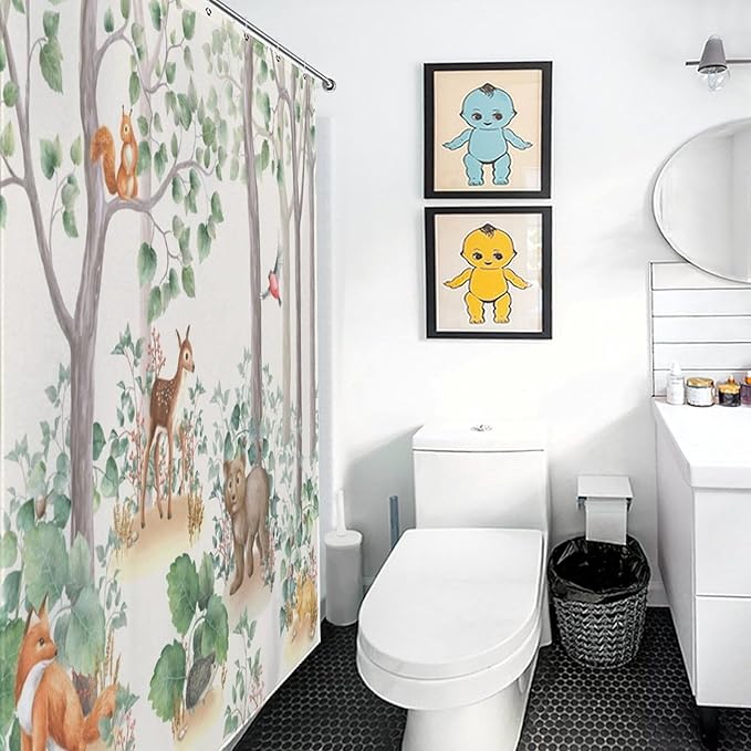 Rustic Woodland Shower Curtains for Bathroom Decor, Cute Cartoon Forest Wild Animal Bear Deer Fox Pattern Decor Print Bath Drapes Set with Hooks, Waterproof Fabric Windows Treatment, 66x72in