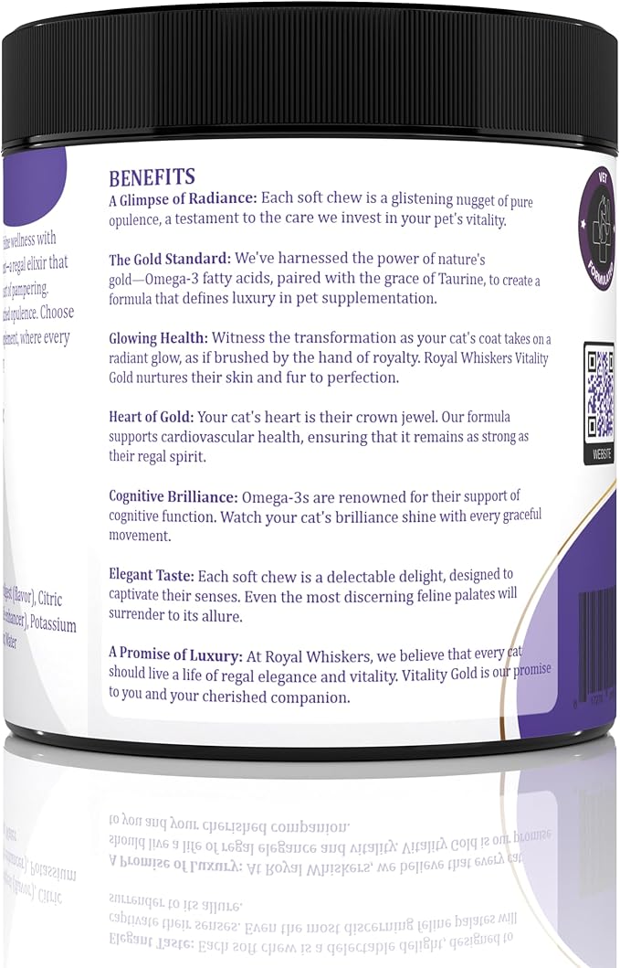 Royal Whisker Cat Vitamins - Omega-3 Rich, Taurine Enriched, CoQ10 Infused Soft Chews - Premium Vitamins for Indoor Cats - All-Natural, Vet-Formulated - USA Made for Feline Health - 90 Count (270g)