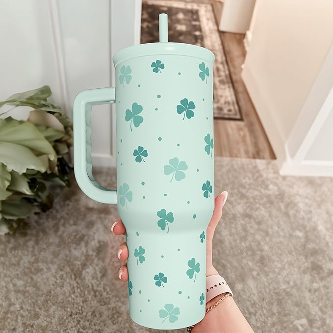 SANDJEST 40oz Shamrock Tumbler with Handle and Straw - Insulated Stainless Steel Coffee Travel Mug, Christmas St. Patrick's Day Irish Gifts