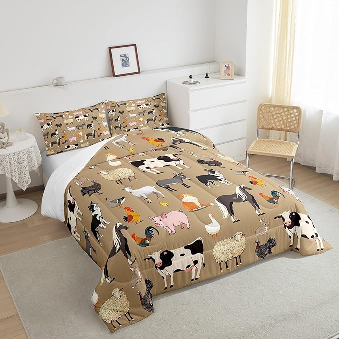 Rustic Farmhouse Bedding Comforter Sets for Kids King Bedding Set Cute Farm Aniamls Comforter Set for Boys Girls Youth Adults,Funny Horse Sheep Milk Cow Duvet Insert Cartoon Animal Themed Quilt