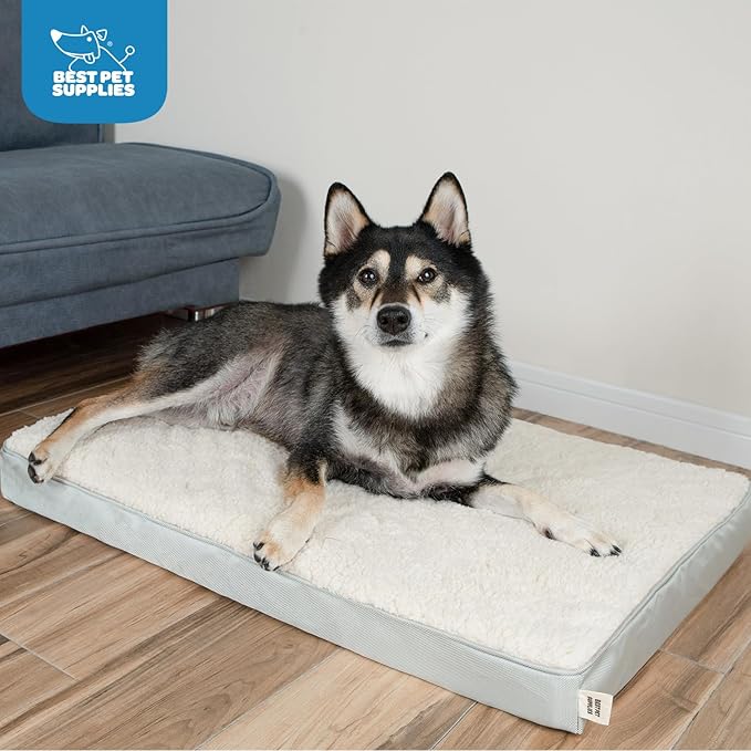 Best Pet Supplies Cute Dog Crate Mat Flat Bed with Waterproof Exterior, Thick Orthopedic Egg Foam Mattress, and Soft Sherpa Fleece Cover for Small, Medium, and Large Breeds - Beige, 24X16X3