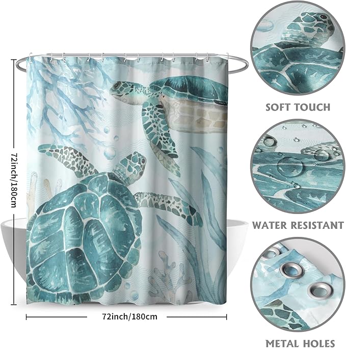 Sea Turtle Shower Curtain for Bathroom 72x72 Inch,Summer Coastal Teal Blue Ocean Animal Water Repellent Polyester Fabric Bathroom Curtains with Hooks for Home Hotel Bathtub Decor
