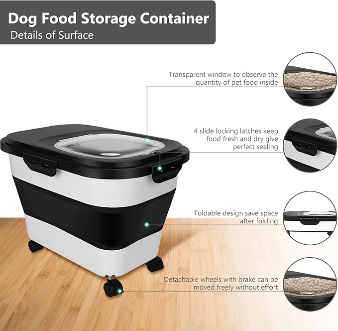 2 Sets Dog Food Storage Containers 15-20 Lbs Collapsible Dog Food Storage Container - with Measuring Cup &Scoop(Grey+grey)