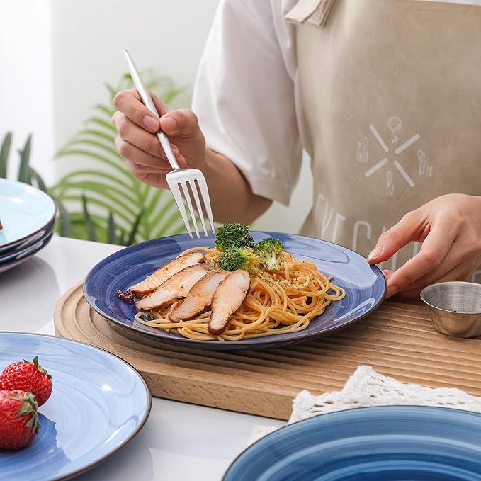 Selamica Ceramic 8 inch Dinner Plates, Small Dessert Salad Plates, Porcelain Serving Plate for Appetizer, Pancakes, Steak, Set of 6, Black Speckles, Gradient Blue
