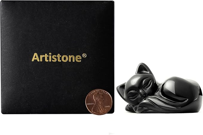 2" Sleeping Cat Statue Black Obsidian Healing Crystals Hand Carved Cute Kitten Figurine, Worry Stone for Anxiety Relif Home Desk Decor Animal Figurine
