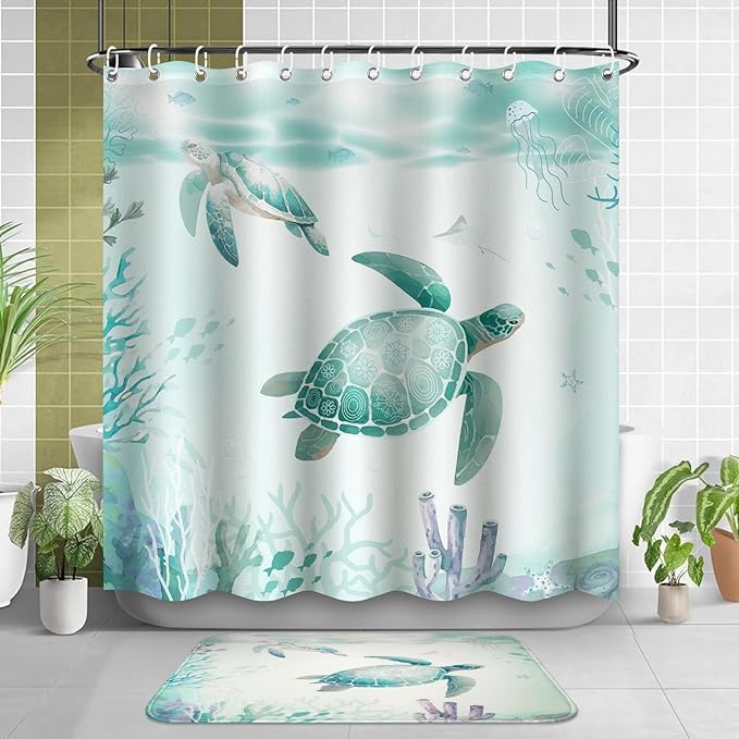 Sea Turtle Shower Curtain Set for Bathroom with Non Slip Rug, Toilet Lid Cover and Bath Mat, Blue Ocean Beach Summer Shower Curtain 71"×71" Waterproof Polyester Fabric Bathroom Home Decor with 12 Hook