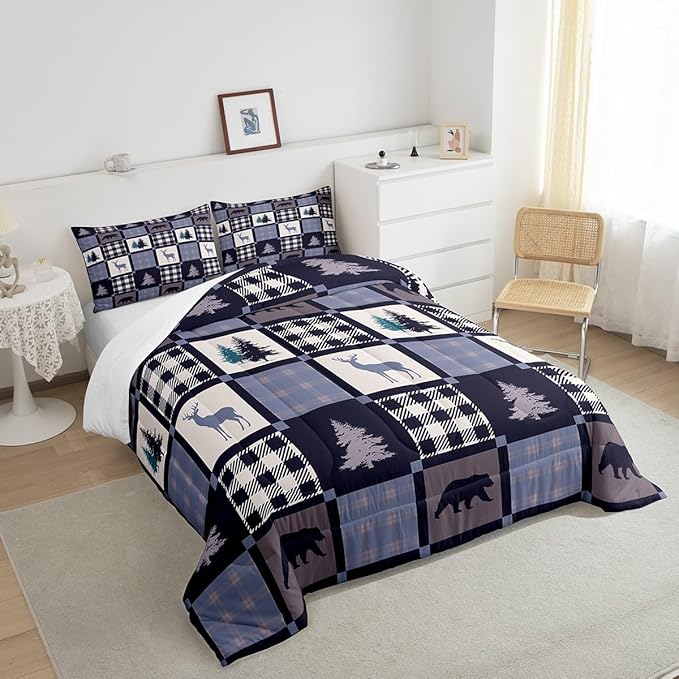Rustic Bear Deer Patchwork Bedding Set - Lodge Decor, Vintage Farmhouse Wildlife Down Comforter Full, Geometric Grid Check Quilted Comforter with 2 Pillowcases