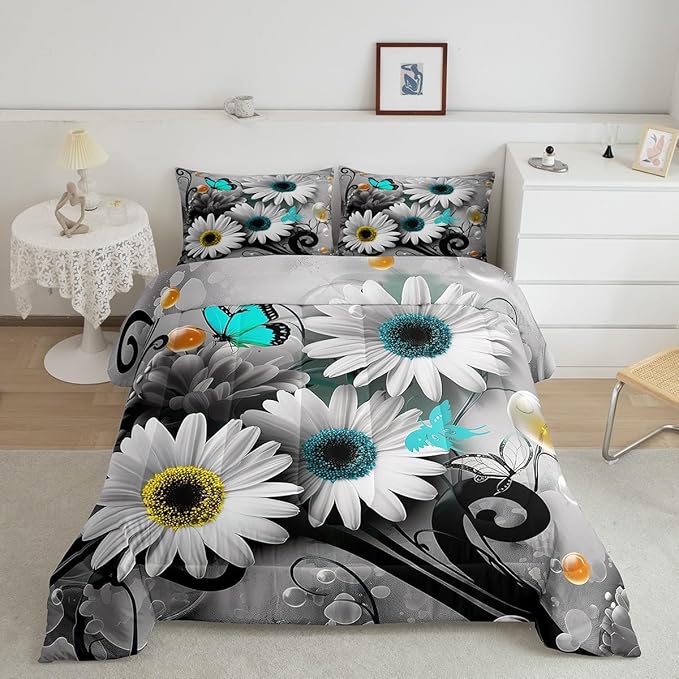Rustic Daisy Quilt Set King,Farmhouse Floral Blue Butterfly Bedding Comforter Set for Kids Girls Teens Women King,Hippie Black Gray Marble Comforter,Pastoral Countryside Flower Quilted Duvet 3 Pcs