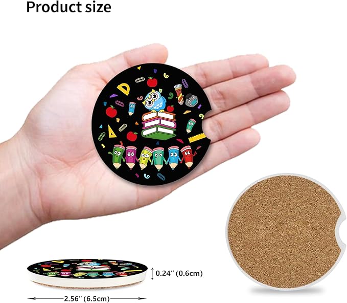2 Pack Ceramic Cup Holders,Owl and Pencil Pattern Car Coasters Set for Women/Men,2.56" Cup Car Holder Coasters,with A Finger Notch,2.56" Ceramic Stone & Cork Base Drink Coasters.