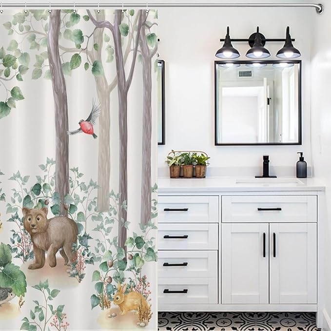 Rustic Woodland Shower Curtains for Bathroom Decor, Cute Cartoon Forest Wild Animal Bear Deer Fox Pattern Decor Print Bath Drapes Set with Hooks, Waterproof Fabric Windows Treatment, 72x72in