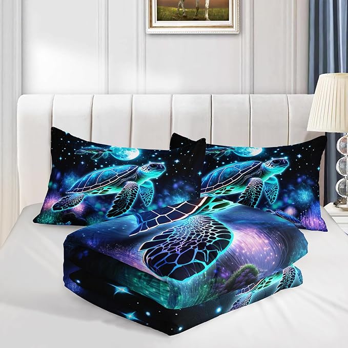 Sea Turtle Comforter Kids Bedding Set Full Size,Glowing Waterweed Moon Flash Print Comforter Set for Kids Teens Boys Girls Room Decor,Nautical Reptile Animal Bedding Set with 2 Pillowcases.