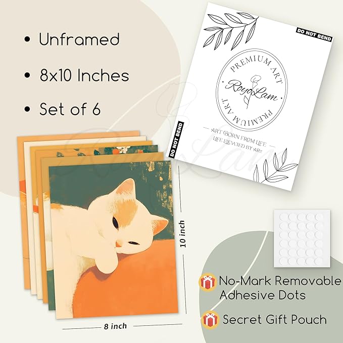 RoyoLam Cat Canvas Wall Art Prints - Set of 6 Unframed 8x10 Inches, Japanese Style Illustrations Nursery Decor for Kids Room and Playroom