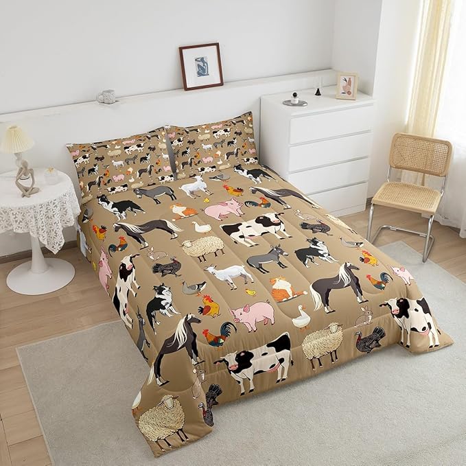 Rustic Farmhouse Bedding Comforter Sets for Kids King Bedding Set Cute Farm Aniamls Comforter Set for Boys Girls Youth Adults,Funny Horse Sheep Milk Cow Duvet Insert Cartoon Animal Themed Quilt