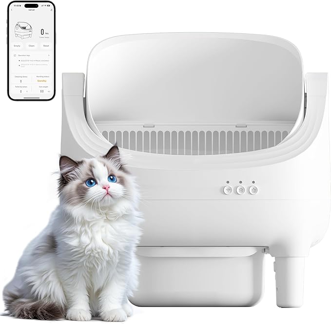 Greesum Automatic Self-Cleaning Litter Box for Cats - Open-Top Design, Easy Odor Control, Smart APP Control, 15L Large Waste Bin, Includes Trash Bags & Mat (White)