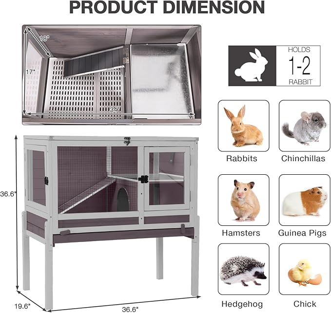 Guinea Pig Cage Indoor with Wheels Rabbit Hutch with Removable Proof Tray and Cool Zinc Plate Chew-Resistant Metal Frame Hamster Cage with Elevated Legs 36.6" L(Grey)