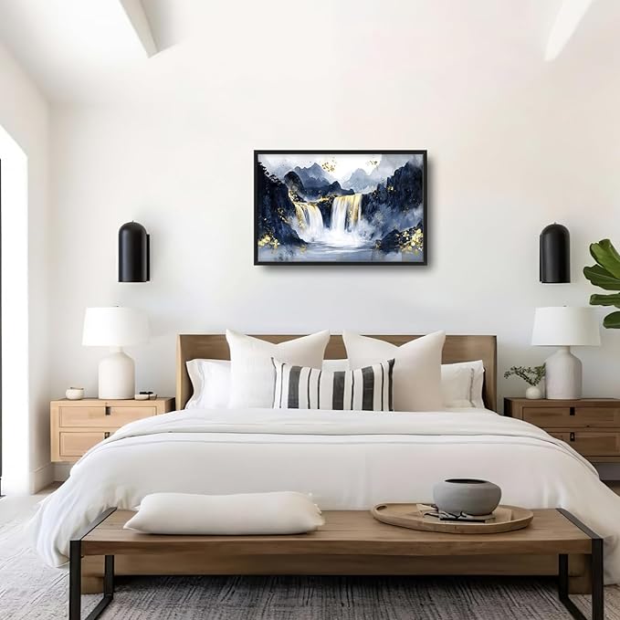 Extra Large Abstract Golden Waterfall Framed Wall Art for Living Room,Oversized Foggy Mountain Pictures Wall Decor,Canvas Print Painting Modern Artwork Bedroom Office Bathroom 36L" x 24W"