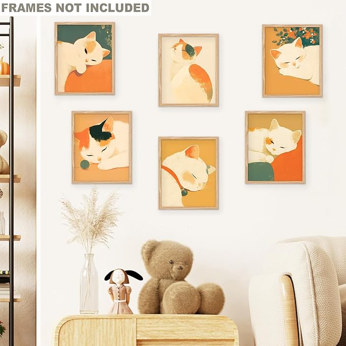 RoyoLam Cat Canvas Wall Art Prints - Set of 6 Unframed 8x10 Inches, Japanese Style Illustrations Nursery Decor for Kids Room and Playroom