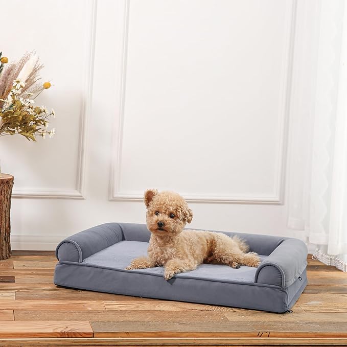 Amazon Basics Living Room Couch Dog Bed with Premium Foam, Pressure-Relief Support for Dogs up to 30lbs, Machine Washable Cover, Medium Sized (30" x 20"), Grey