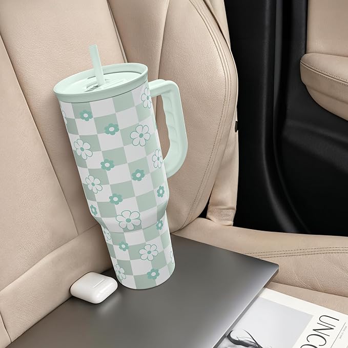 SANDJEST 40oz Daisy Flower Tumbler with Handle and Straw - Insulated Stainless Steel Coffee Travel Mug for Women Girls, Floral Gift Idea for Birthday Christmas
