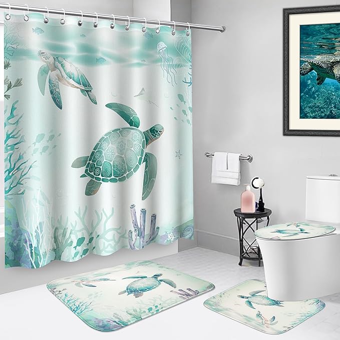 Sea Turtle Shower Curtain Set for Bathroom with Non Slip Rug, Toilet Lid Cover and Bath Mat, Blue Ocean Beach Summer Shower Curtain 71"×71" Waterproof Polyester Fabric Bathroom Home Decor with 12 Hook