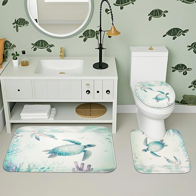 Sea Turtle Shower Curtain Set for Bathroom with Non Slip Rug, Toilet Lid Cover and Bath Mat, Blue Ocean Beach Summer Shower Curtain 71"×71" Waterproof Polyester Fabric Bathroom Home Decor with 12 Hook