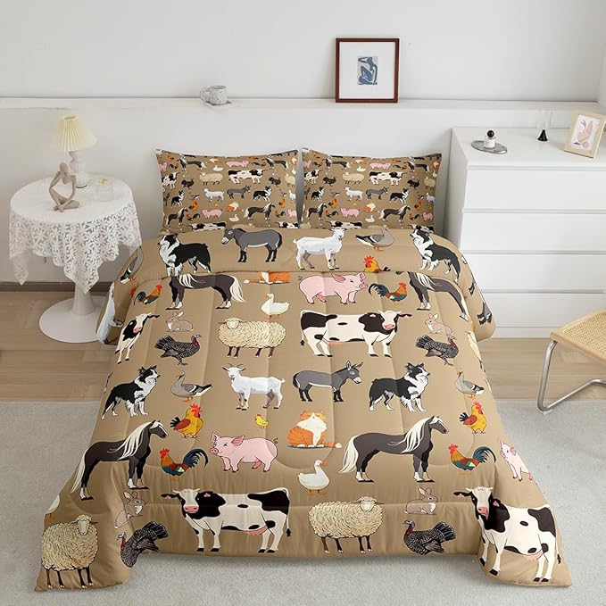 Rustic Farmhouse Bedding Comforter Sets for Kids King Bedding Set Cute Farm Aniamls Comforter Set for Boys Girls Youth Adults,Funny Horse Sheep Milk Cow Duvet Insert Cartoon Animal Themed Quilt