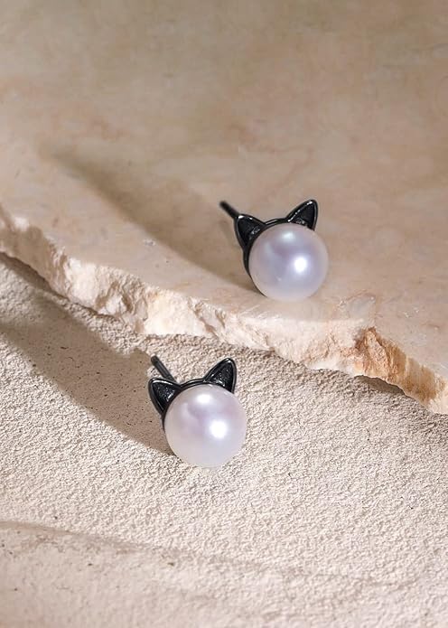 S.Leaf Cat Earrings Pearl Earrings Sterling Silver Earrings for Women Cat Memorial Gifts Cat Gifts for Cat Lovers Cat Jewelry for Women
