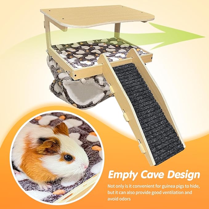 Guinea Pig Hideout,Natural Wood Removable Guinea Pig Bed, Small Animal Habitat with Hanging Hammock/Staircase/Cushion, Suitable for Small Animals to Hide, Rest, Play