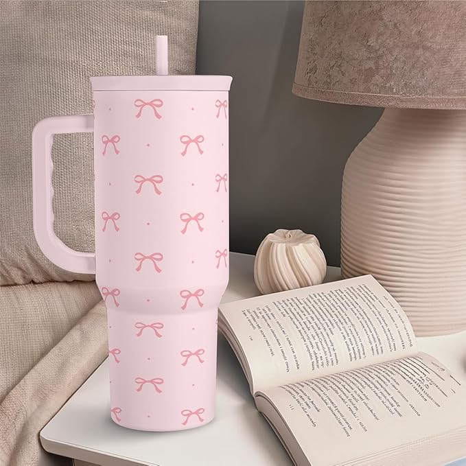 SANDJEST Gift for Women Girls - Coquette Bow Stainless Steel Tumbler with Handle, Travel Coffee Mug - Gifts for Birthday Christmas, 40oz