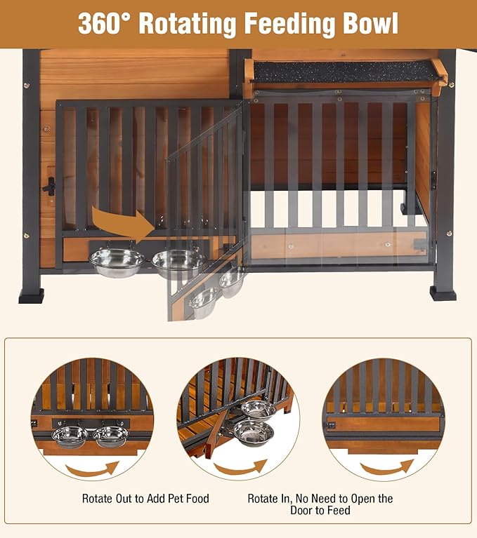 GUTINNEEN Heated Dog House Outdoor with Electric Heating Pad, Insulated Wooden Dog Kennel with 360Β° Rotating Feeding Bowl, Anti-Chewing Metal Frame, Natural Wood Color