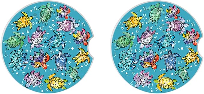 Sea Turtles Ceramic Cup Holders Car Coasters Set for Women/Men,Drink Cup Car Holder Coasters with A Finger Notch 2.56" Pack of 2.