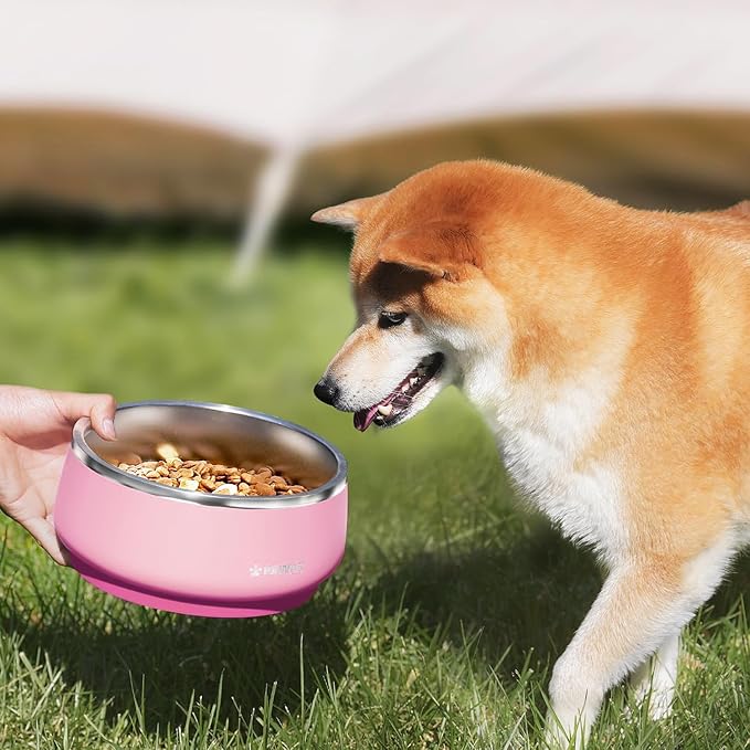 Pawaii Stainless Steel Dog Bowl with Non-Slip Rubber Base & Double Wall Insulation - Durable Design | Includes ID Tag | Dishwasher Safe Food & Water Bowl for All Dogs (34oz)
