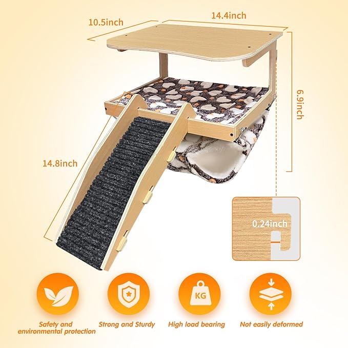 Guinea Pig Hideout,Natural Wood Removable Guinea Pig Bed, Small Animal Habitat with Hanging Hammock/Staircase/Cushion, Suitable for Small Animals to Hide, Rest, Play