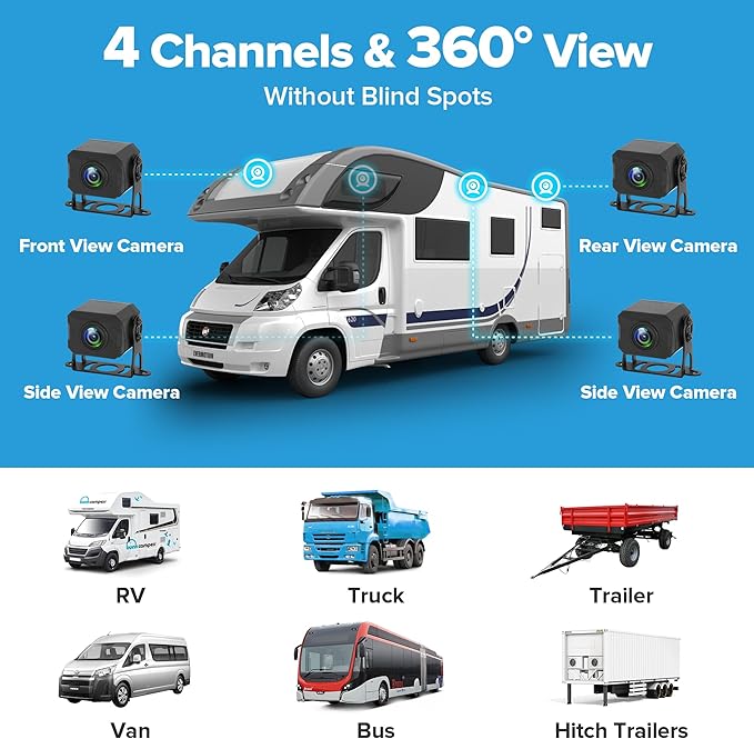 4CH 10.1 inch AI WiFi GPS RV Backup Camera Monitor System with Touch Screen and 4x1080P Waterproof Night Vision Cameras, Blind Spot Detection DVR Video Recorder for Truck Trailer Semi Camper Van Taxi