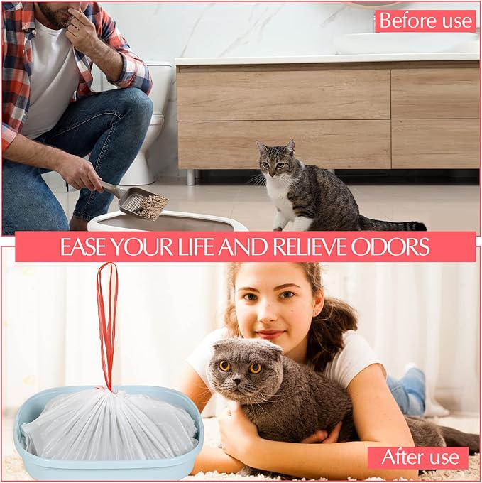 Sabary 30 Count Large Cat Litter Box Liners Drawstring Jumbo Kitty Litter Pan Box Liners Heavy Duty Cat Trash Bags Pet Thick Trash Box Liners Portable Kitty Rubbish Bags, 31 x 18 Inch