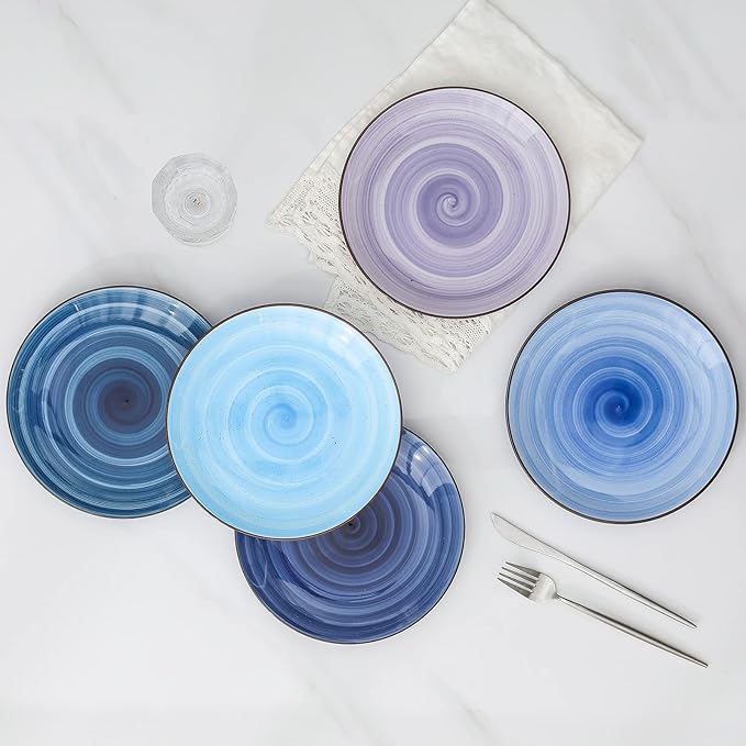 Selamica Ceramic 8 inch Dinner Plates, Small Dessert Salad Plates, Porcelain Serving Plate for Appetizer, Pancakes, Steak, Set of 6, Black Speckles, Gradient Blue