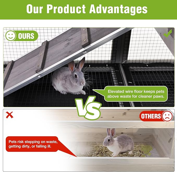 GUTINNEEN 2-Story Rabbit Hutch Indoor with Chew-Proof Ramp & Slide-Out Plastic Trays - Wooden Small Animal Cage Guinea Pig Cages with Wheels for 2-4 Rabbits, Bunnies, and Guinea Pigs (Grey)