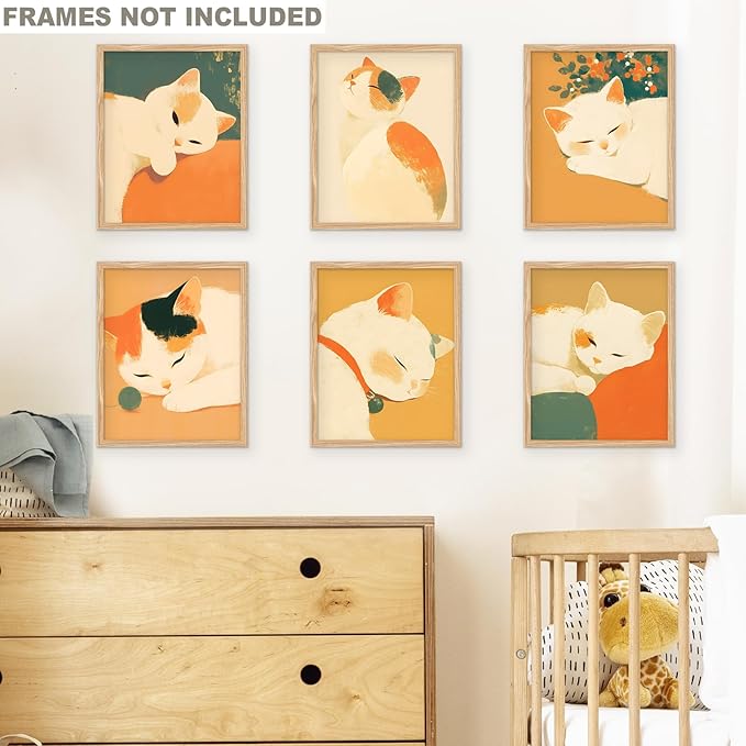 RoyoLam Cat Canvas Wall Art Prints - Set of 6 Unframed 8x10 Inches, Japanese Style Illustrations Nursery Decor for Kids Room and Playroom