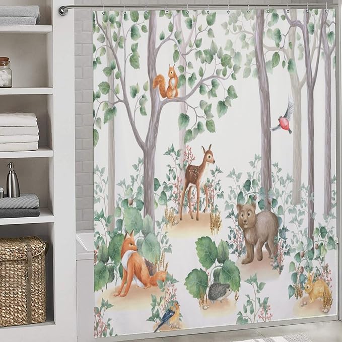 Rustic Woodland Shower Curtains for Bathroom Decor, Cute Cartoon Forest Wild Animal Bear Deer Fox Pattern Decor Print Bath Drapes Set with Hooks, Waterproof Fabric Windows Treatment, 72x72in