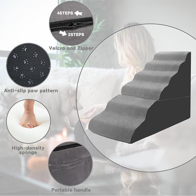 Dog Stairs for High Beds 30-36 inches Tall, 6-Step Dog Steps for Bed 32-36 inches for Small Large Dogs, Dog Ramp for Bed, 30D Foam Pet Stairs/Steps for High Beds for Old Dogs/Cats, Grey