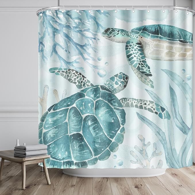 Sea Turtle Shower Curtain for Bathroom 72x72 Inch,Summer Coastal Teal Blue Ocean Animal Water Repellent Polyester Fabric Bathroom Curtains with Hooks for Home Hotel Bathtub Decor