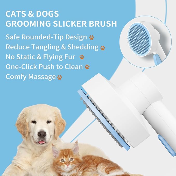 Self Cleaning Slicker Cat Brushes for Indoor Shedding Short Haired Dogs Grooming Supplies for Long Hair Pet Comb Essentials Tools for Pitbulls Removes Matted Fur and Loose Undercoat Set (Sky Blue)