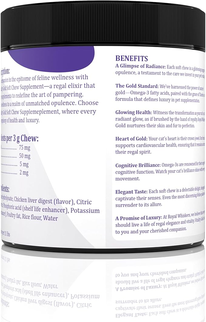 Royal Whisker Cat Vitamins - Omega-3 Rich, Taurine Enriched, CoQ10 Infused Soft Chews - Premium Vitamins for Indoor Cats - All-Natural, Vet-Formulated - USA Made for Feline Health - 90 Count (270g)