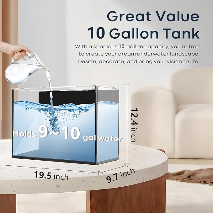 10 Gallon Glass Fish Tank, Aquarium Fish Bowl Cube for Betta Goldfish Snails Shrimp Aquatic Planting, Easy to Maintain Ultra Clear Rimless Dark Background Low Iron